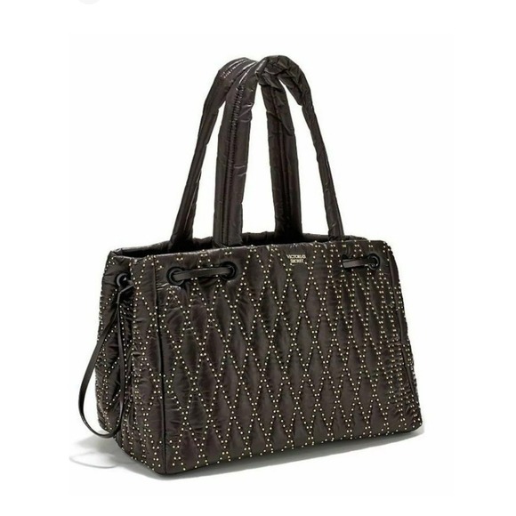 💕Victoria's Secret Large Black Fusia Glam Rock Quilted Tote Gold Studs NWT $78 - Picture 3 of 6